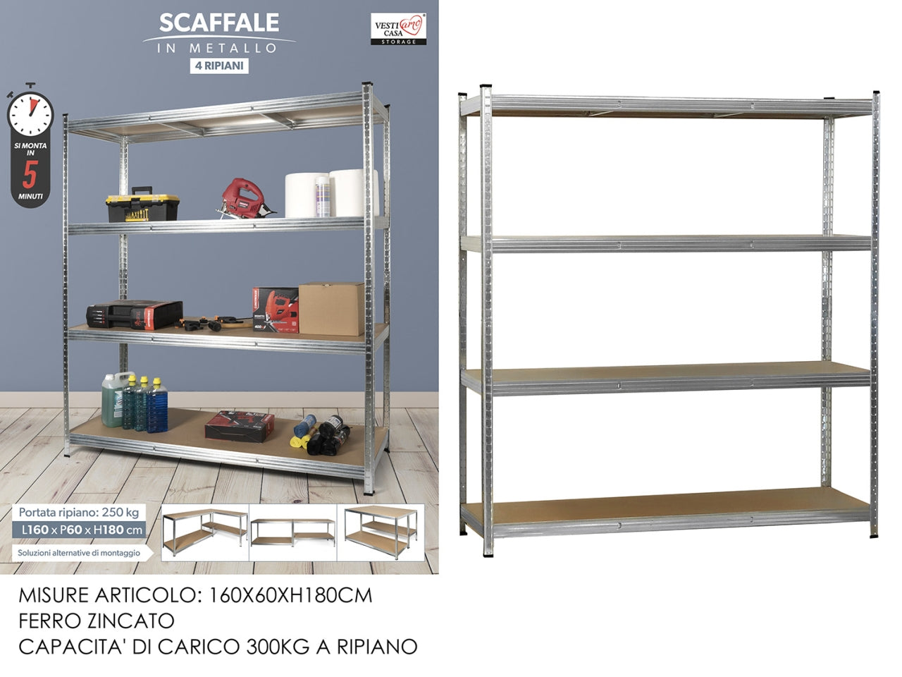 Scaffale in metallo con 4 ripiani in mdf misura 160x60xh.180cm