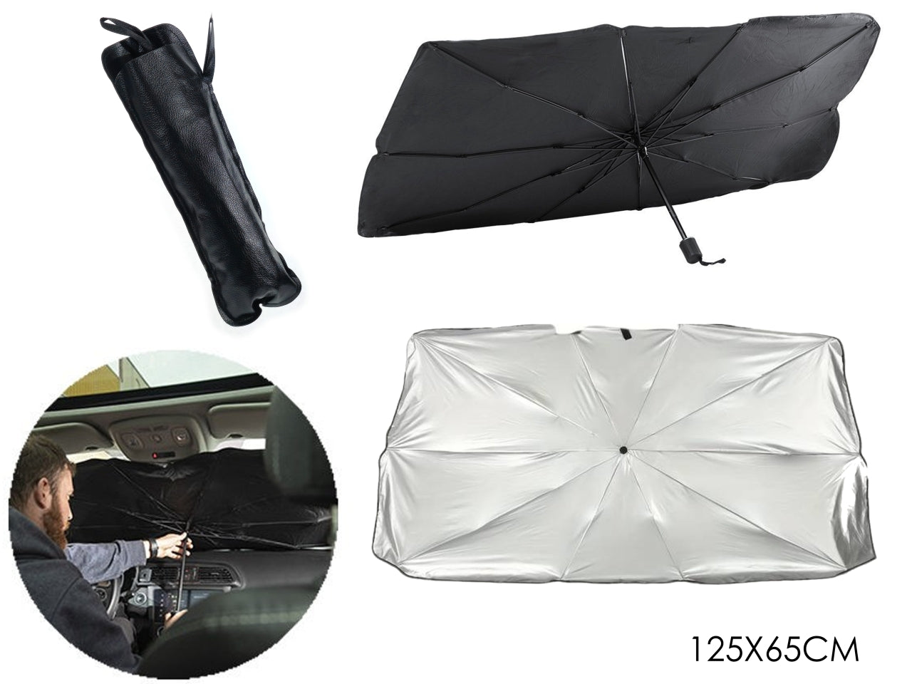 Parasole pieghevole per auto in poliestere e acciaio nero e argentato, ad ombrello, 125x65 cm, include sacca - Autosprint