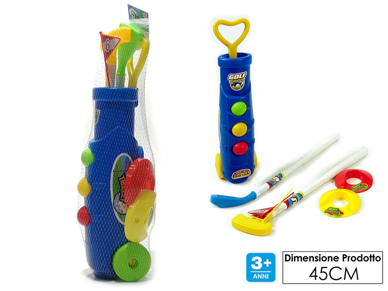 Gioco golf - trolley con 3 mazze, 3 palle e 2 buche