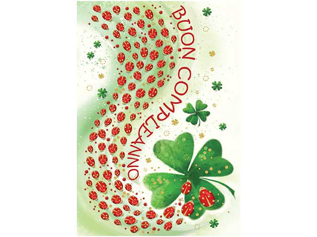 Biglietto auguri compleanno con disegni (quadrifoglio, coccinella) colore verde misura 12x18cm
