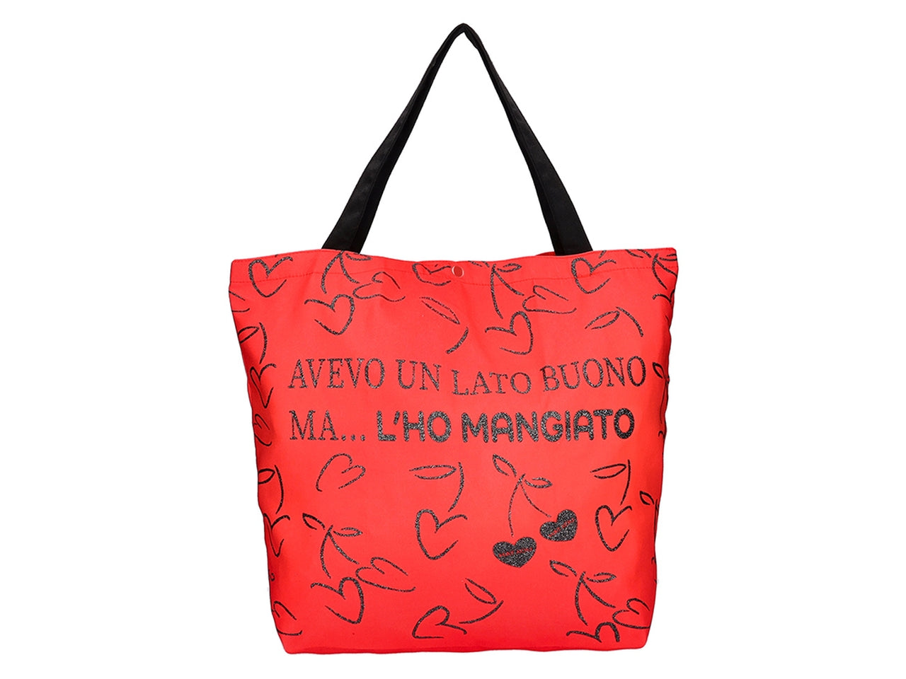 Shopper in tessuto sintetico con frasi divertenti 38x32x15cm ciliegia