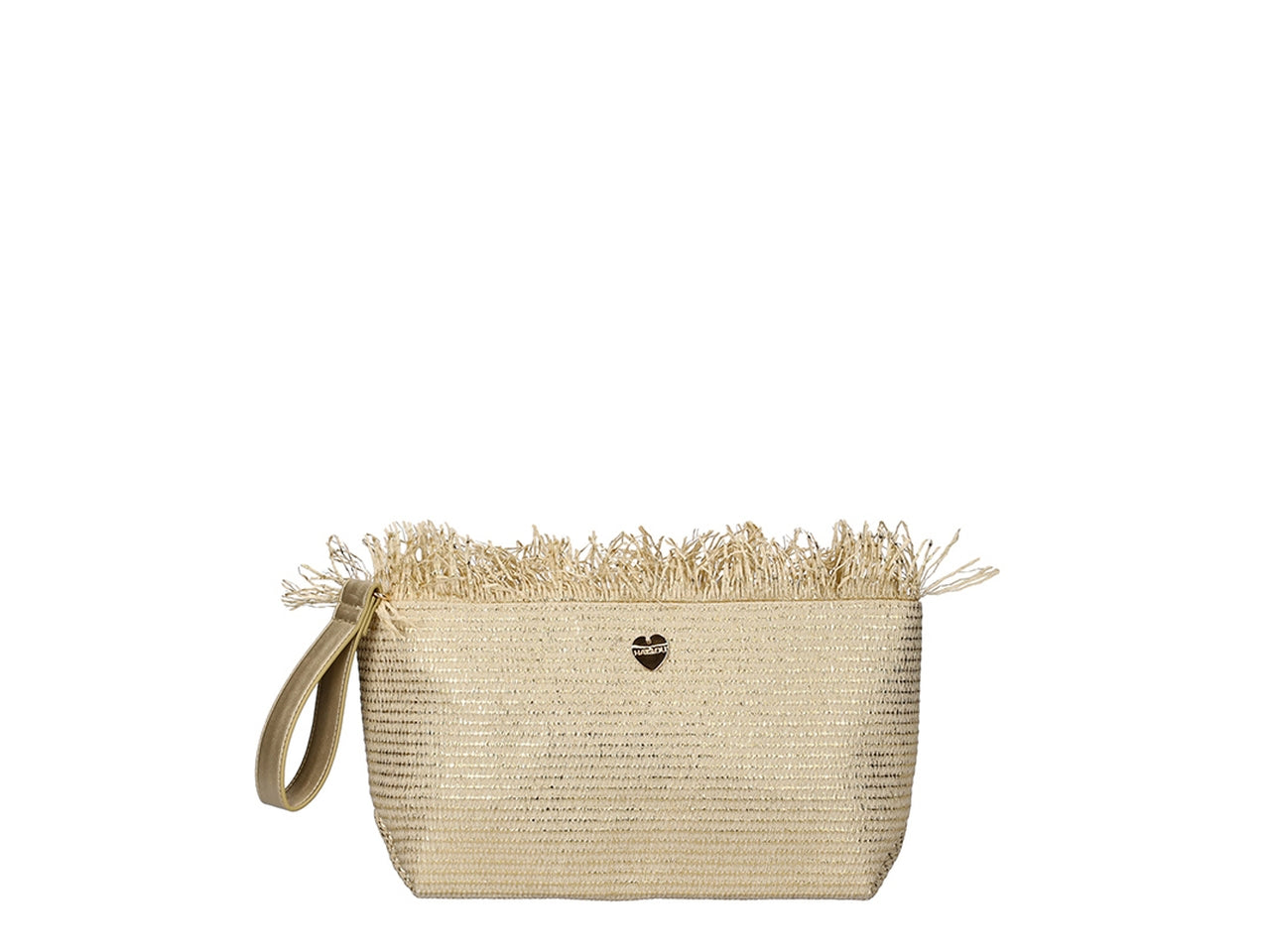 Borsa pochette in carta tessile oro con frange chiusura zip con polsiera amovibile 36x18 cm - Hat You
