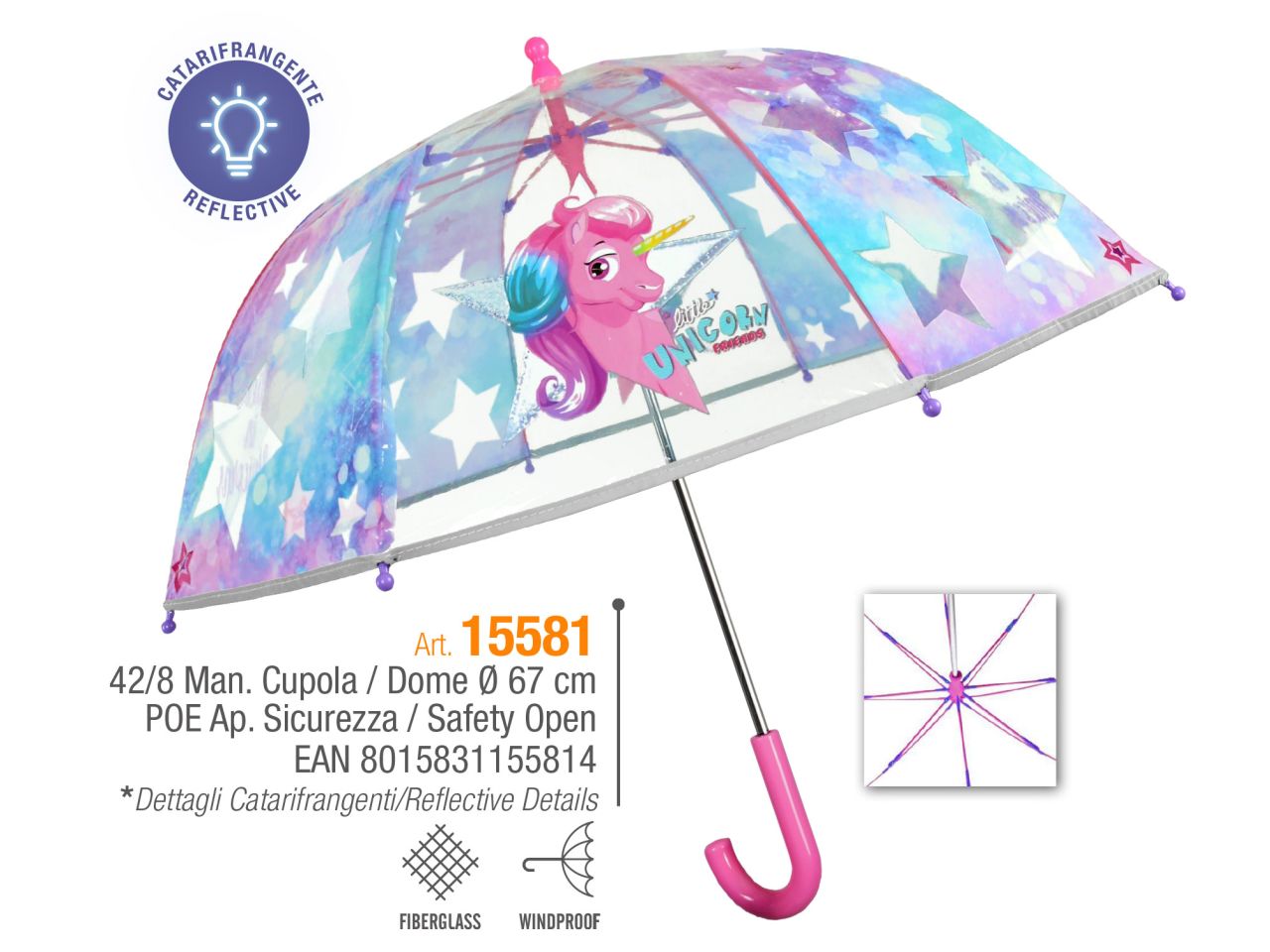 Ombrello con apertura manuale 42cm e cupola poe fantasia unicorno coolkids perletti