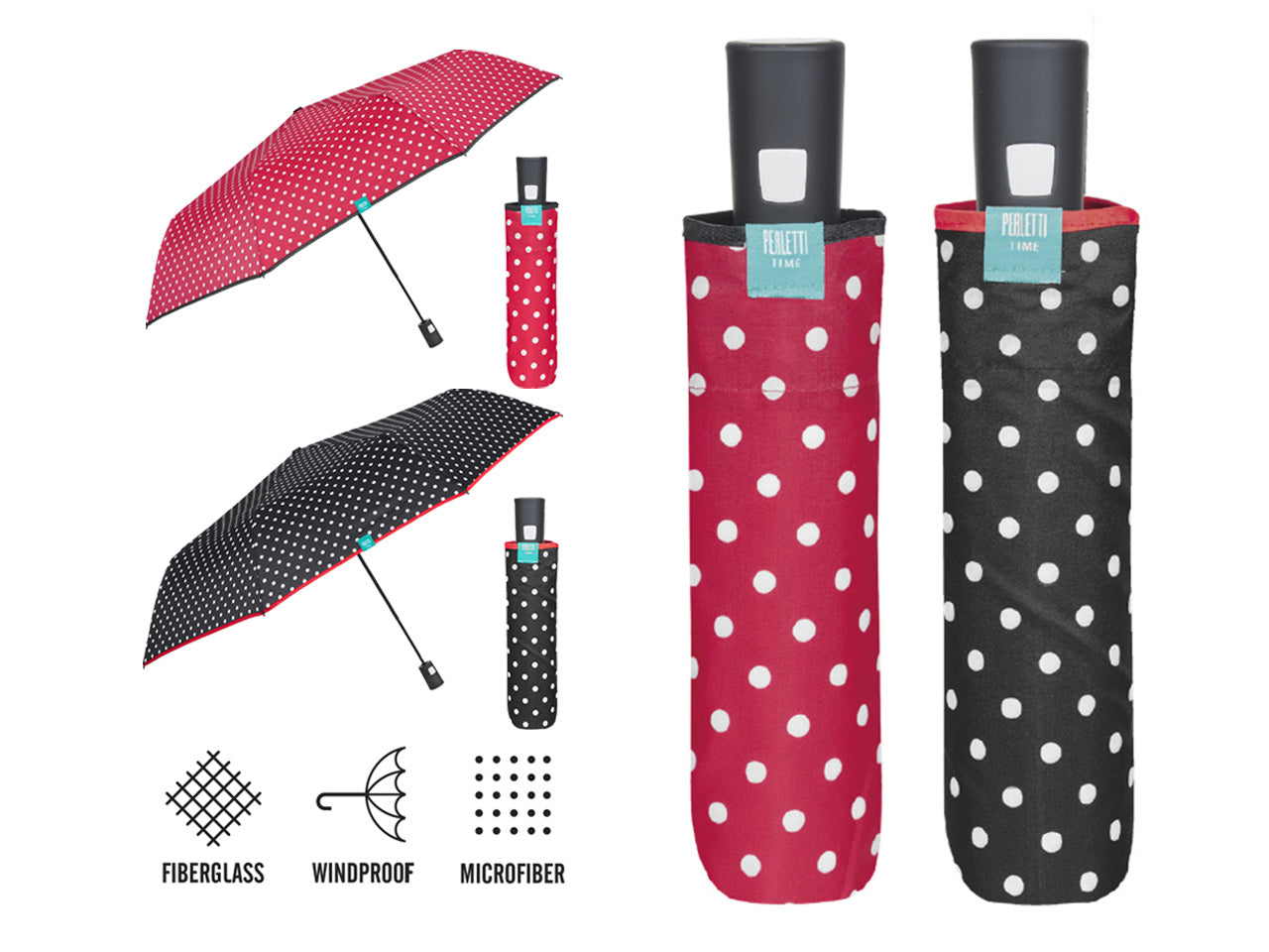 Ombrello da donna mini con apertura automatica tinta unita con pois perletti