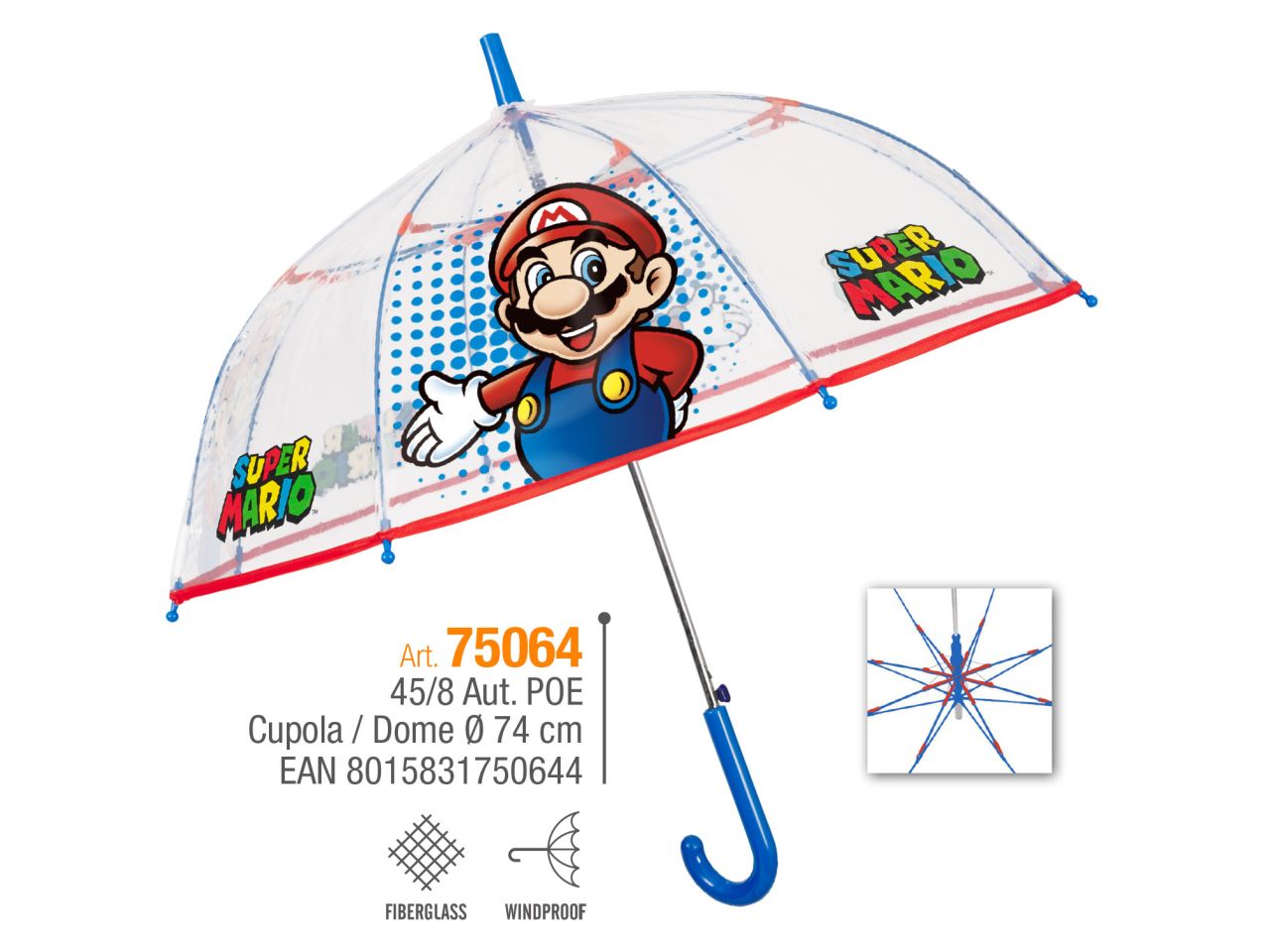 Ombrello con apertura automatica 45cm e cupola poe fantasia supermario