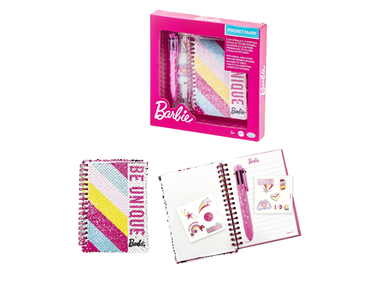 Barbie - diary pocket, quaderno con paillettes reversibili sulla copertina e penna multicolor