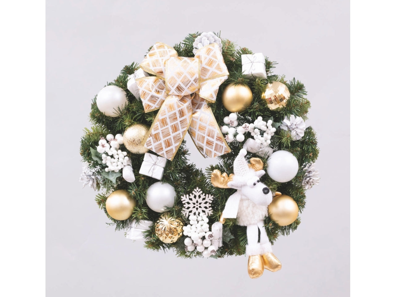 Dietroporta corona 40cm in pvc verde decoro oro/bianco sfere, bacche e nastro