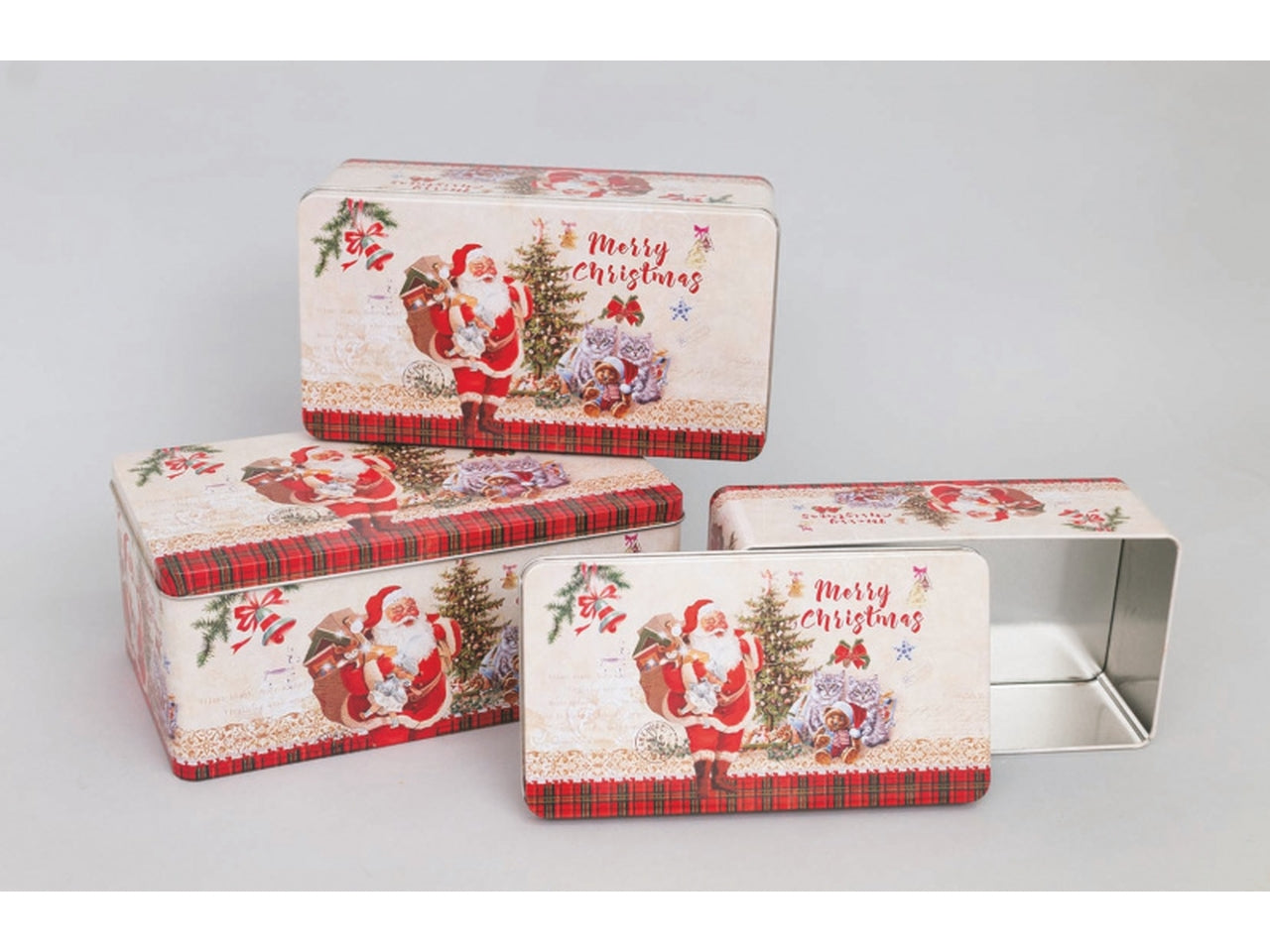 Scatole 26x15xh.11cm rettangolari in latta crema decoro babbo natale/gatto set da 3 scatole