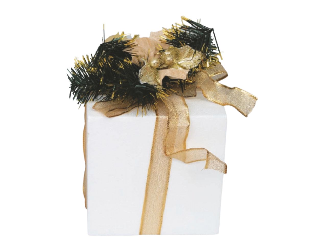 Pacco regalo in polistirolo cm.8 bianco decorato con fiocco, sfere oro