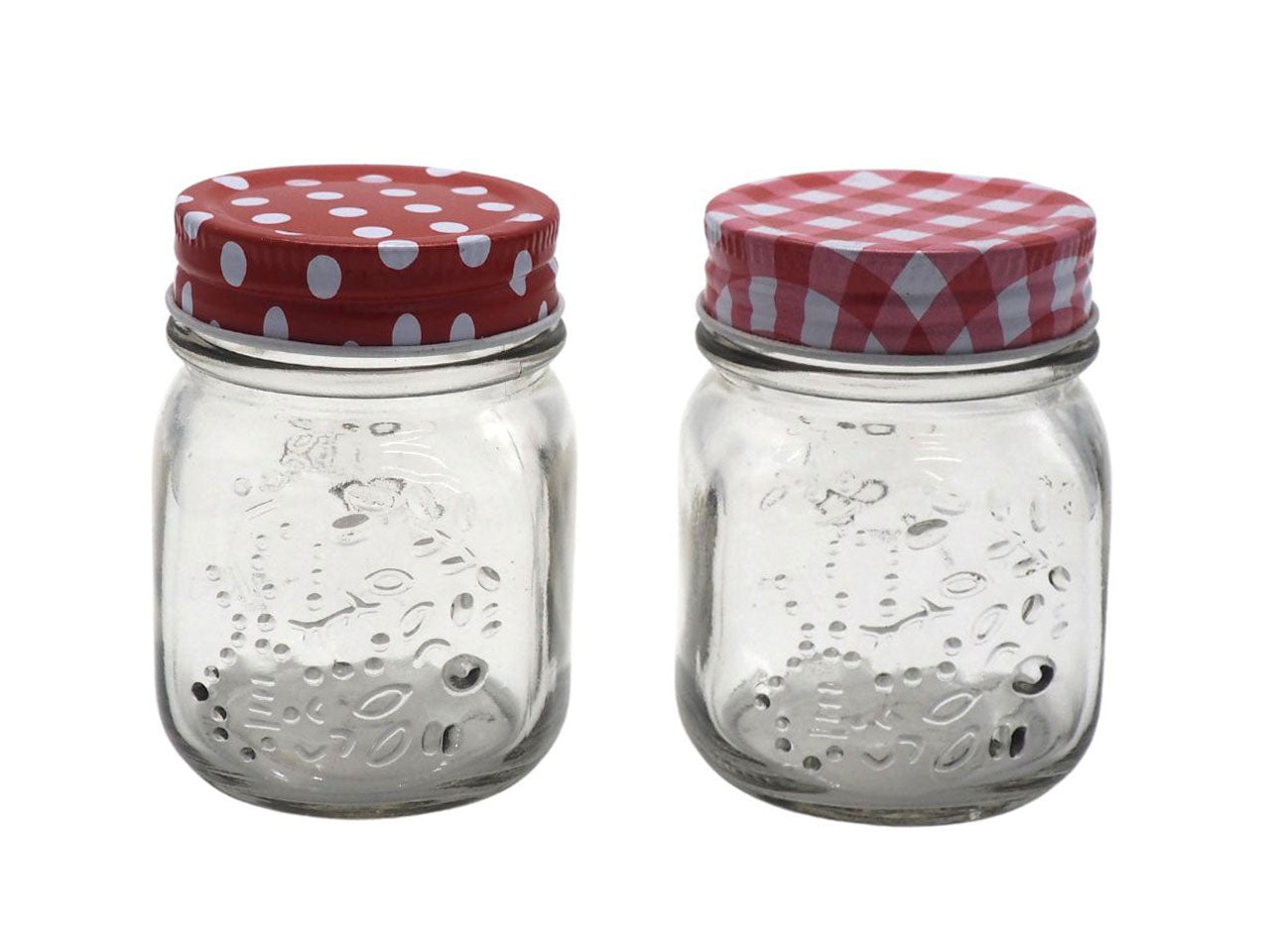 Barattoli in vetro per marmellata con tappo rosso h.8,2xd.6cm pois o quadri