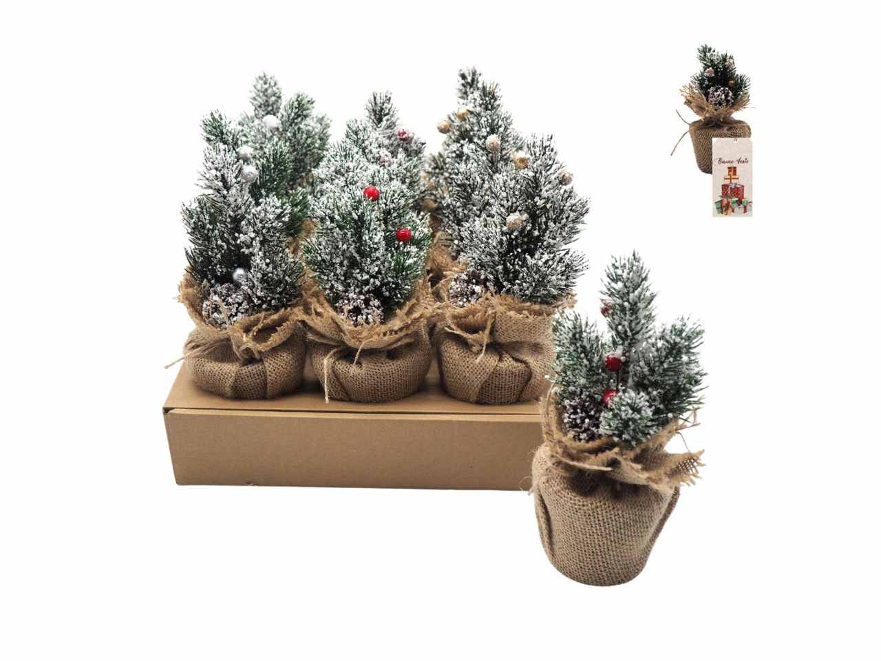 Albero pino nevato c/base juta 21cm c/decorazioni ass.te