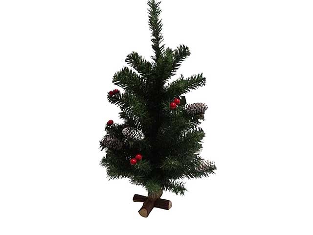 Albero di natale h.60cm base legno con pigne nevate e bacche rosse