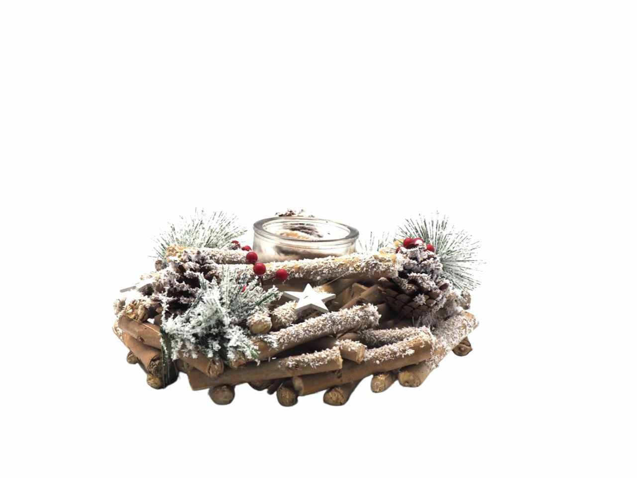 Centrotavola rotondo rami nevati 7,5/9,5/d.26cm c/deco natalizie