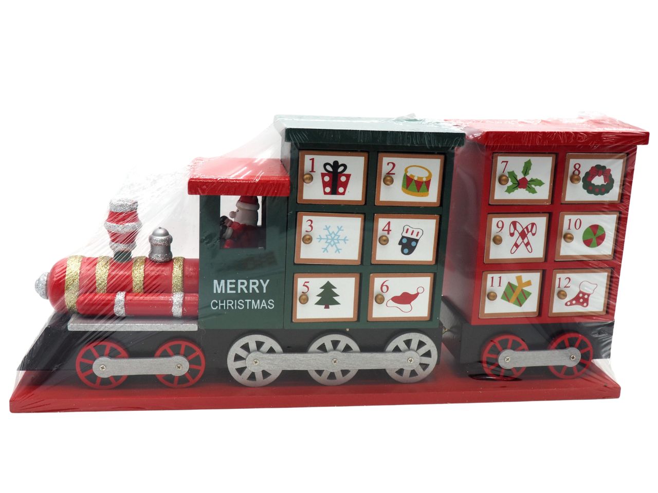 Locomotiva natalizia rossa in legno con calendario misura l.41.5x18.53cm