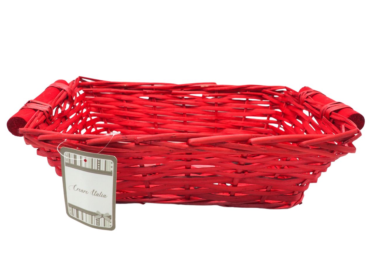 Cesto rettangolare in legno colore rosso con maniglie misura 32x25cmxh.10,5cm