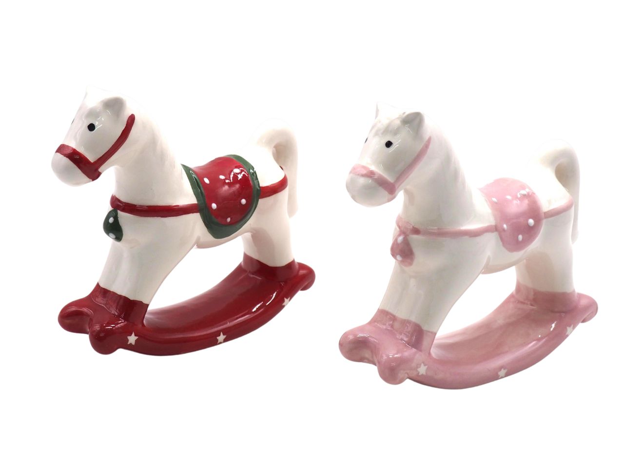 Statua cavallino a dondolo in ceramica lucida rosso e rosa 14x14,5x4 cm - Creare Italia