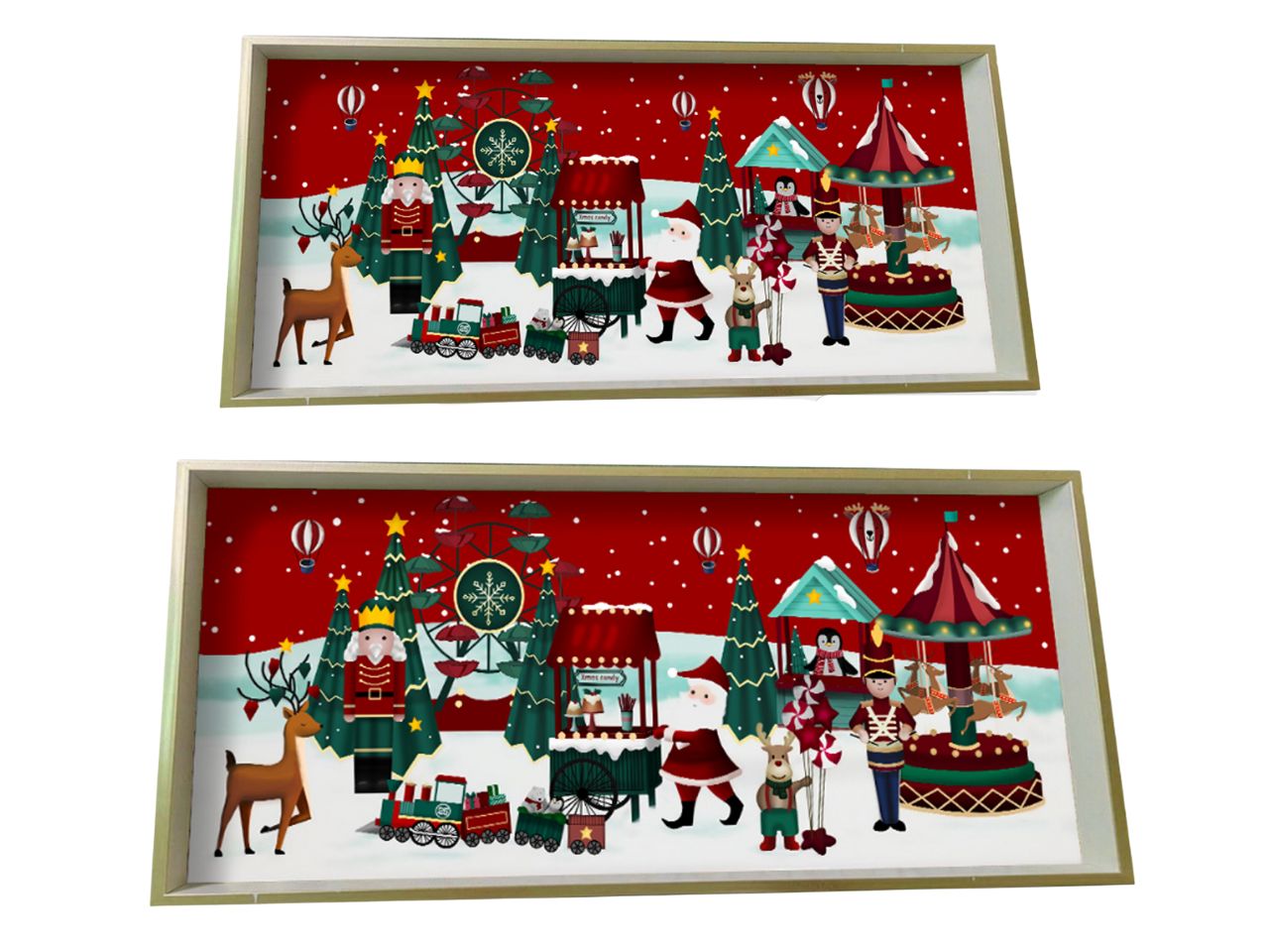 Vassoio in mdf rettangolare con bordo misura 37x16x4cm - 45x32x4cm con disegni natalizi -la confezione comprende 2 vassoi