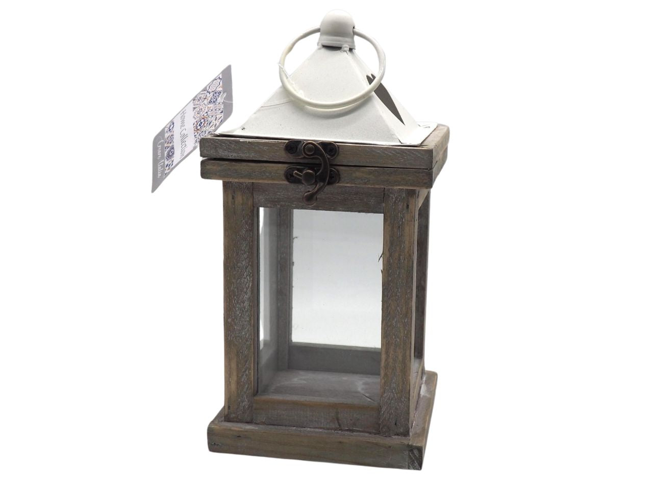 lanterna arredo da tavolo in legno vintage, metallo e vetro, shabby chic, naturale e avorio, rettangolare per candela - 24x12x12cm - Creare