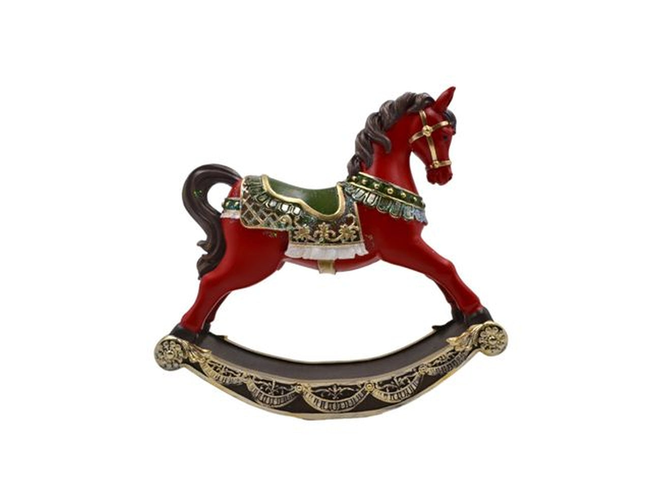 Statua cavallo a dondolo natalizio in resina vintage rosso e verde 21x21 cm - Sud Import