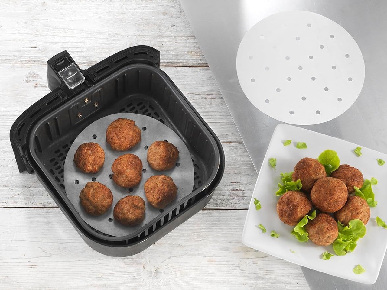 30 fogli carta forno con buchi per  friggitrice ad aria benfritto rotonda 22cm ottimo