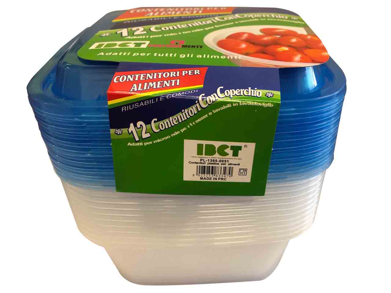 Contenitori rettangolare con coperchio 1 l plastica trasparente e blu 16x6 cm, confezione da 12 pezzi - IBCT
