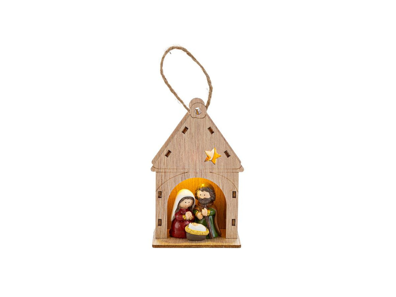 Appendino sacra famiglia in resina colorata capanna di legno 6,5x5xh.10cm