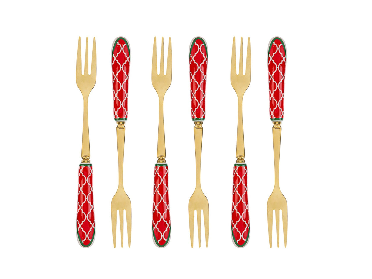 Forchettine dolce natalizio in ceramica e metallo rosso e dorato con scatola regalo 15 cm, set da 6 pezzi - Le Stelle