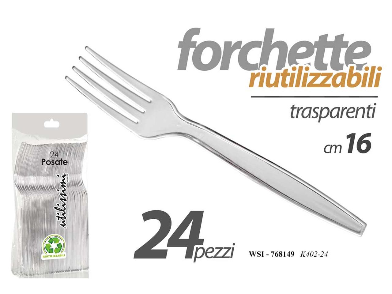 Forchette riutilizzabili 16cm in plastica trasparente - la confezione contiene 24 forchette