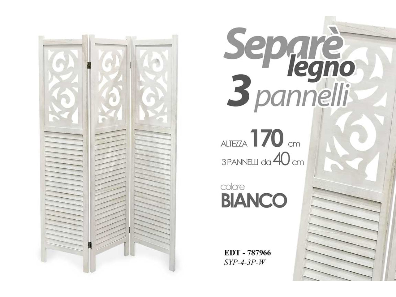Separè da interno shabby chic in legno bianco 120x170 cm, 3 pannelli - gicos