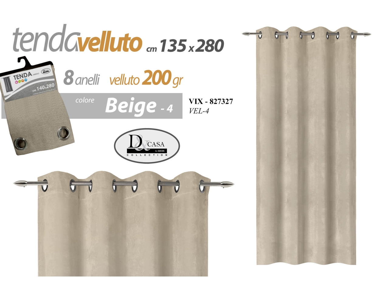 Tenda in velluto da 200gr colore beige misura 135x280cm con 8 anelli