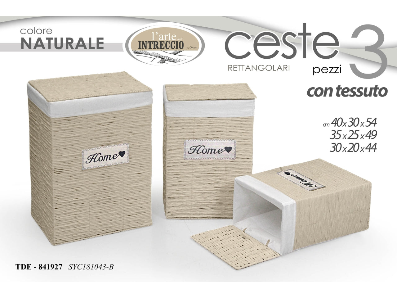 Set di 3 ceste rettangolari porta biancheria in tessuto intrecciato, colore naturale - misure 40x30x54cm - 35x25x49cm - 30x20x44cm