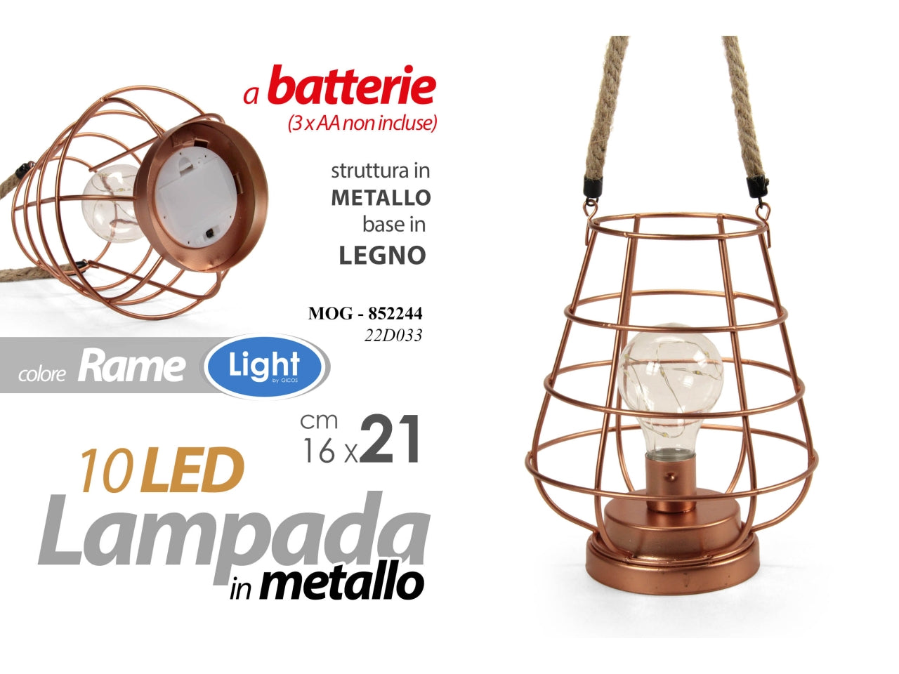Lampada in metallo color rame e base in legno con 10 led misura 16x16x21cm - funzionamento a batterie (3x aa non incluse)