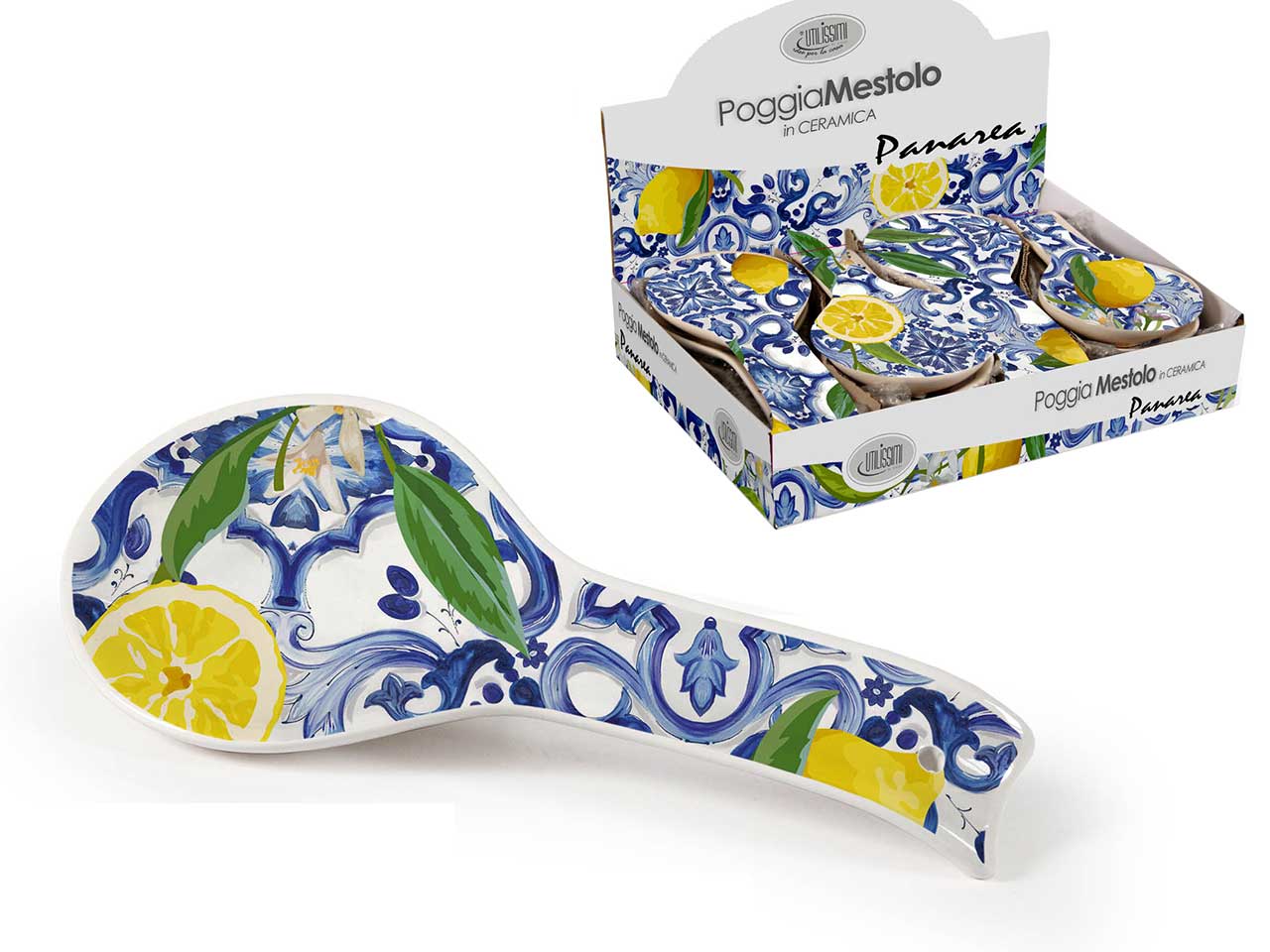 Poggia mestolo in ceramica blu e giallo stile mediterraneo 21 cm - Gicos