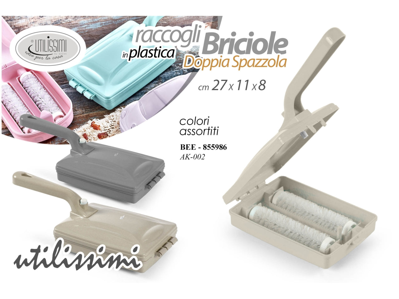 Raccogli briciole in plastica con doppia spazzola 27x11x8cm - disponibile in colori assortiti