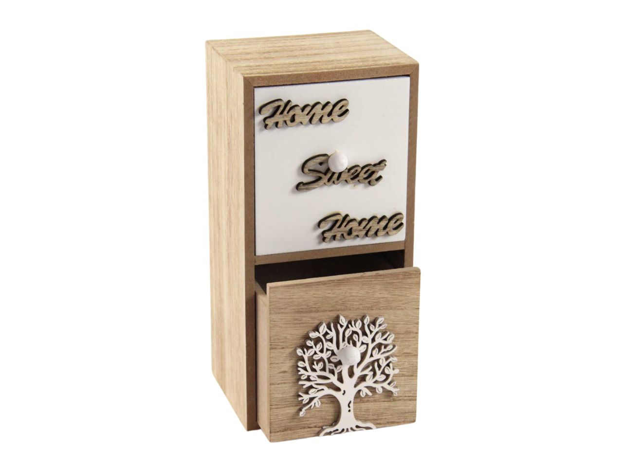 Porta oggetti legno naturale e bianco stile boho con 2 cassetti albero della vita 12x11 cm - Gicos