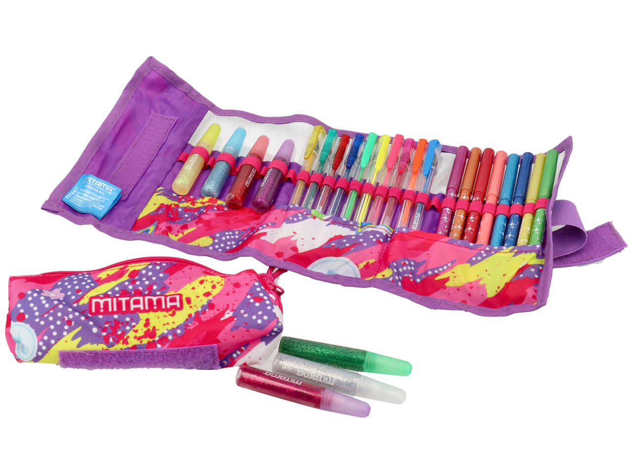 Astuccio scuola  Mitama, glitter roll + bustina assortiti, arrotolabile con 25 pezzi
