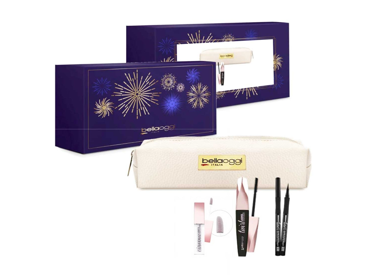 Bellaoggi coffret cinema lights eyeshadow color 02 + midnight eyeliner + twirl lashes mascara + pochette