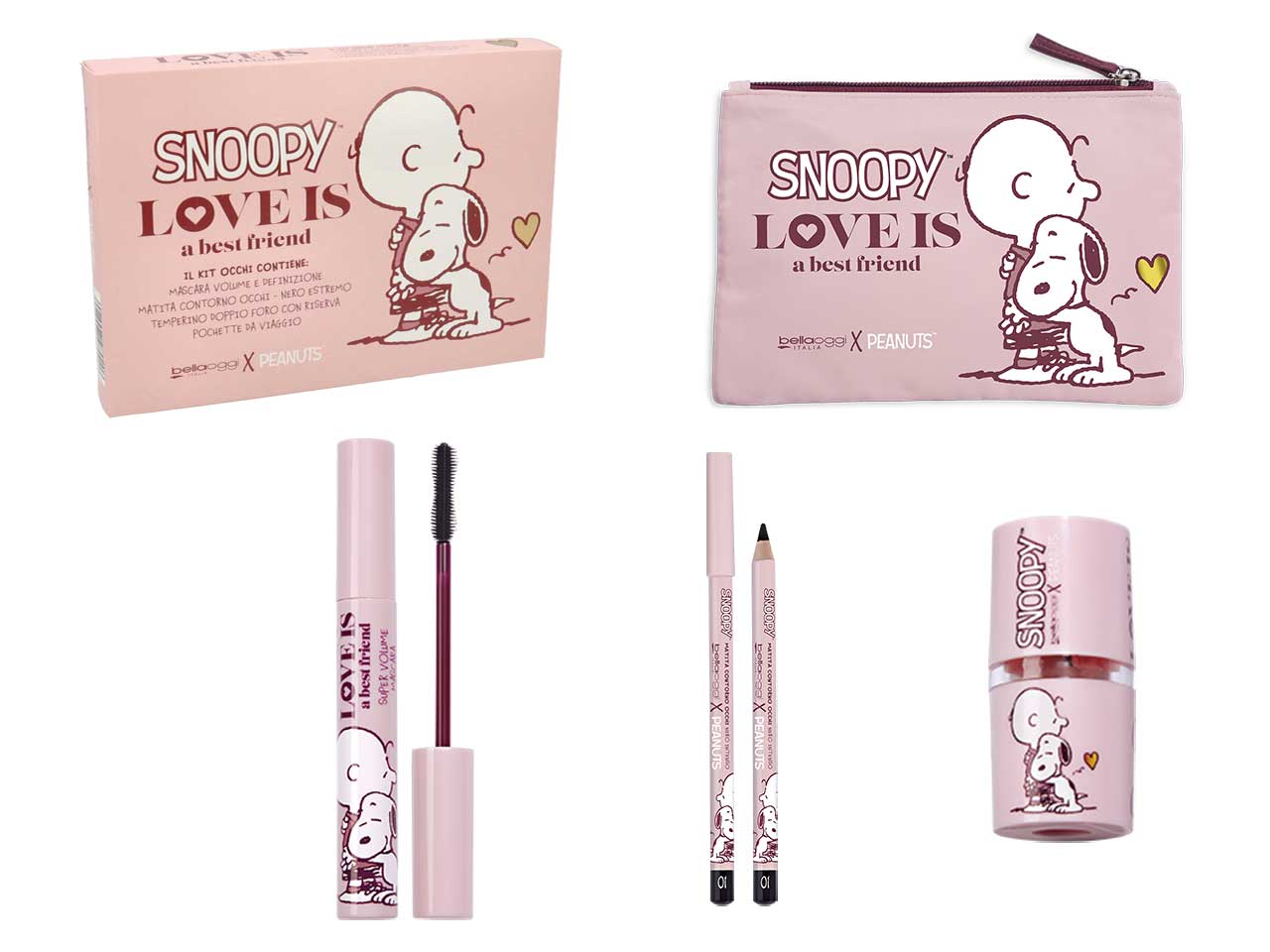 Bellaoggi peanuts pochette love is best friend contiene 1 matita, 1 temperino e 1 mascara