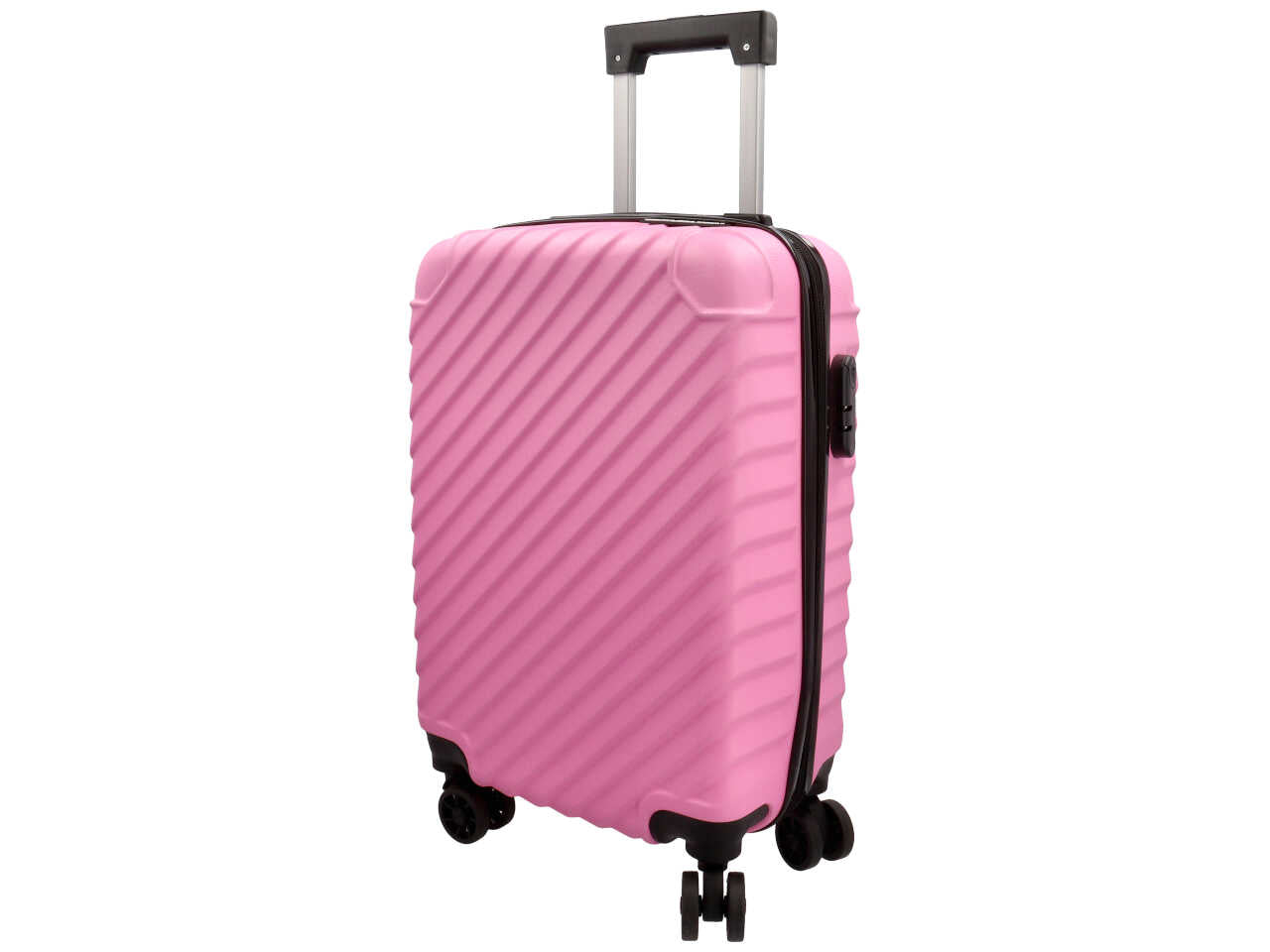 Trolley modello naxos colore rosa misura 33,5x22x55cm in abs con 4 doppie ruote, sacca a rete, elastico ferma indumenti e chiusura con ganci
