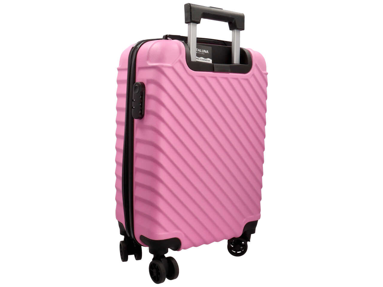 Trolley modello naxos colore rosa misura 33,5x22x55cm in abs con 4 doppie ruote, sacca a rete, elastico ferma indumenti e chiusura con ganci