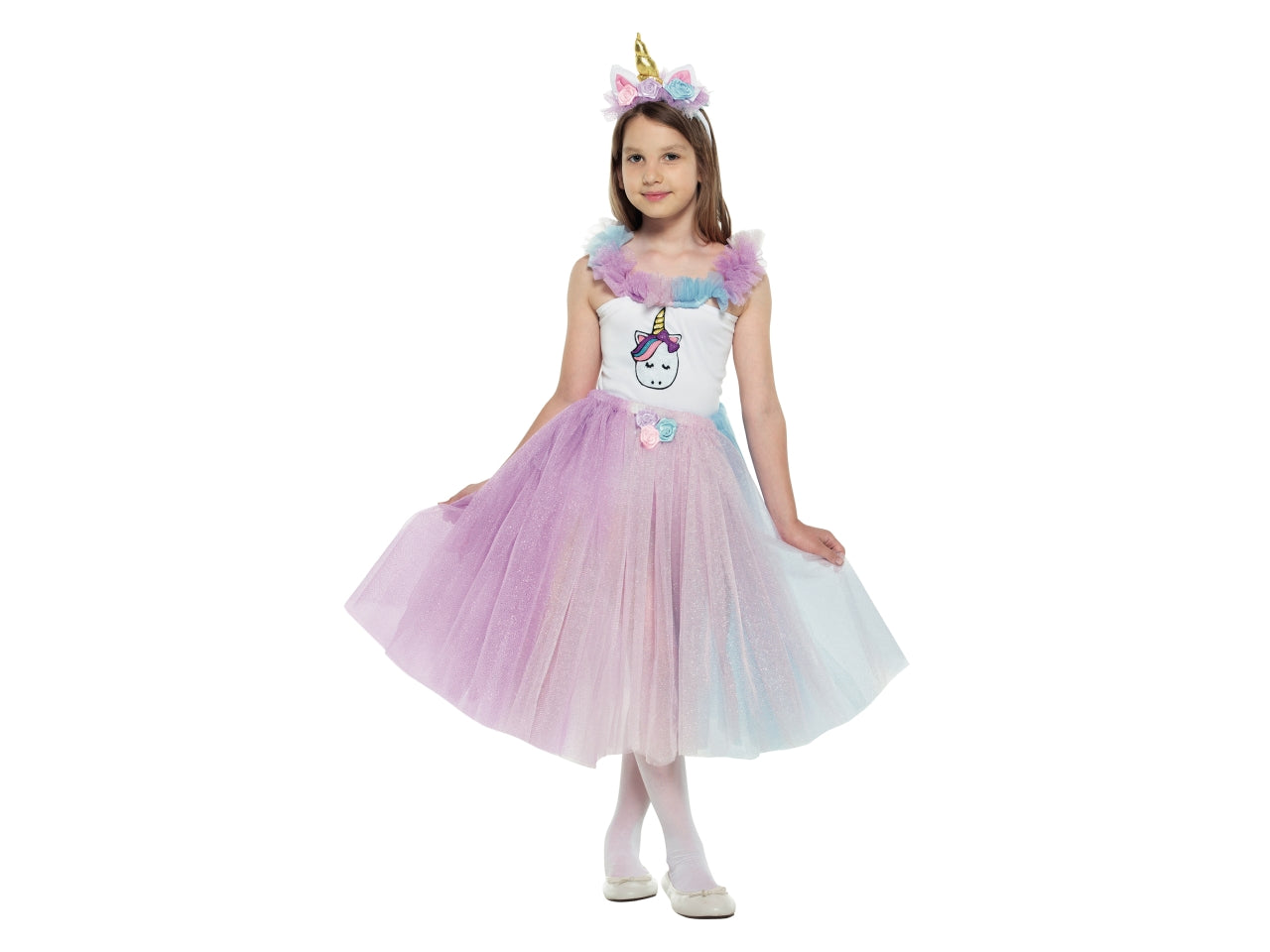 Costume da Principessa Unicorno per Bambina 6-10 Anni - Carnevale e Feste a Tema, Multicolor con Top e Gonna Glitterata, Copricapo Incluso