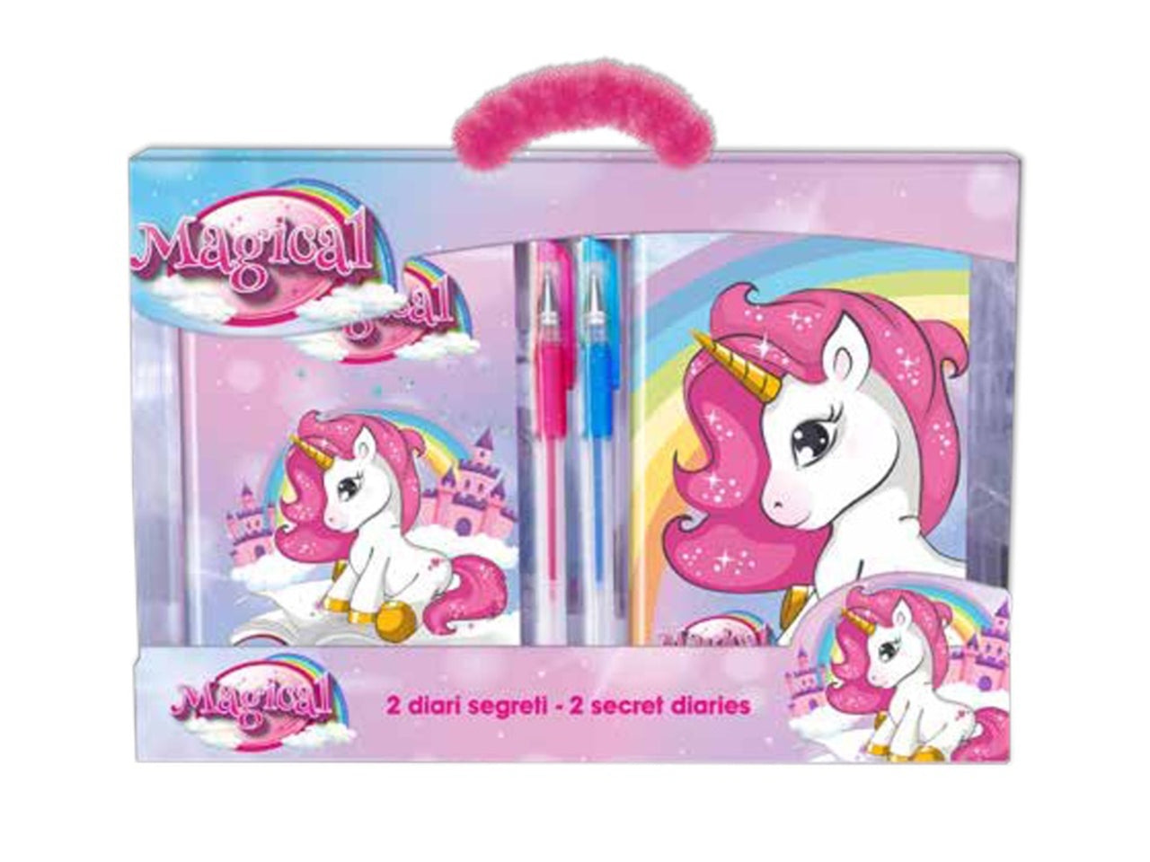 Diario segreto Unicorno con lucchetto per bambina - set 2 diari unicorno con penne glitter e impugnatura in pelliccia sintetica