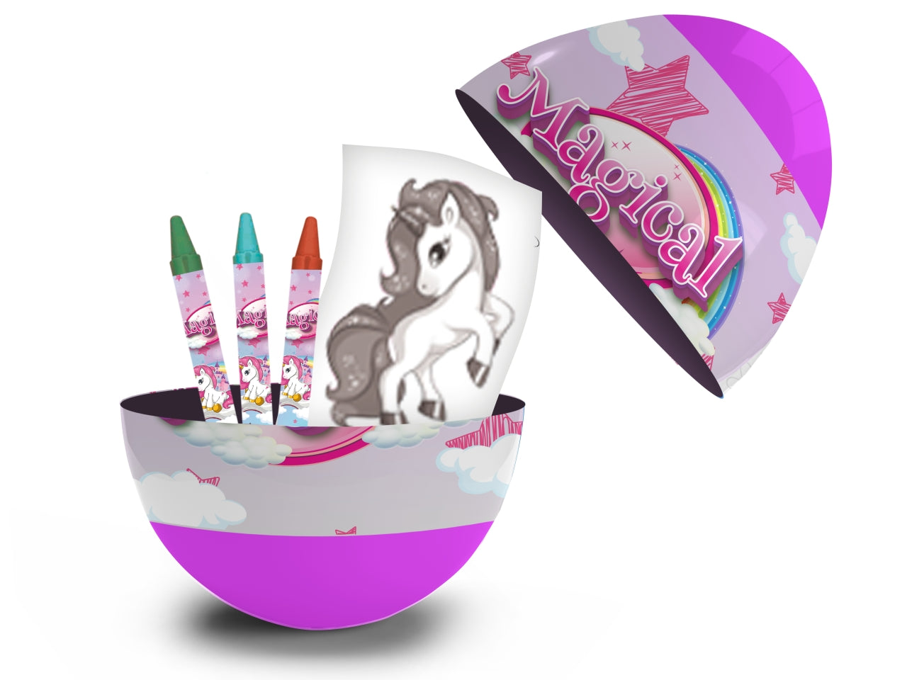 Kit colori Unicorno per bimba, ovetto sorpresa con pastelli a cera e foglio da colorare - MC Group