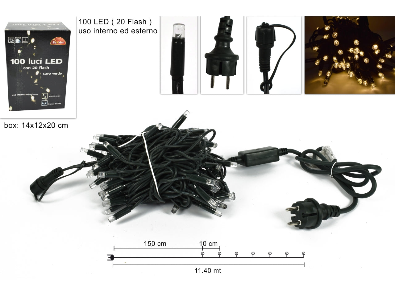 Luccioloni 100 led 20 led flash bianco caldo prolungabile filo nero