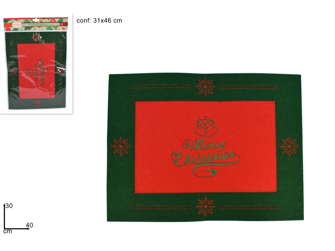 Tovaglietta rettangolare in feltro 40x30cm merry christmas verde