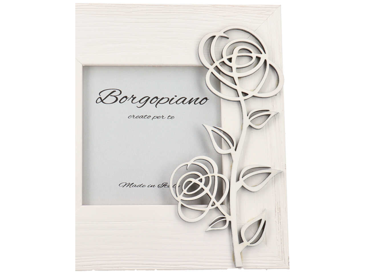 Cornice portafoto bianca in legno effetto invecchiato con rosa in rilievo stile shabby chic - 10x10cm - Borgopiano