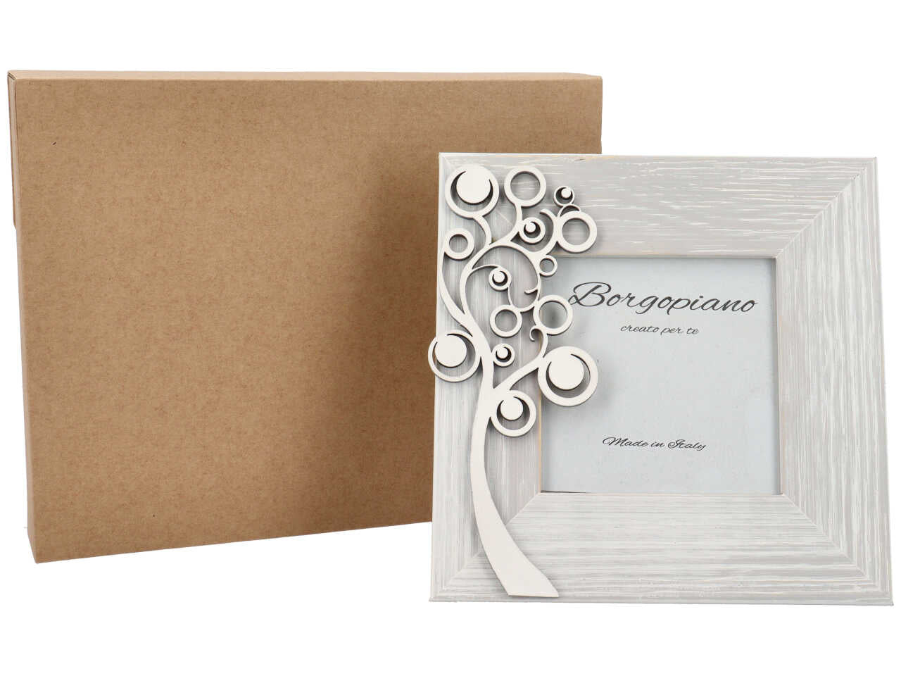 Cornice portafoto shabby chic in legno bianco effetto invecchiato, albero della vita in rilievo - foto 9x9cm - Borgopiano