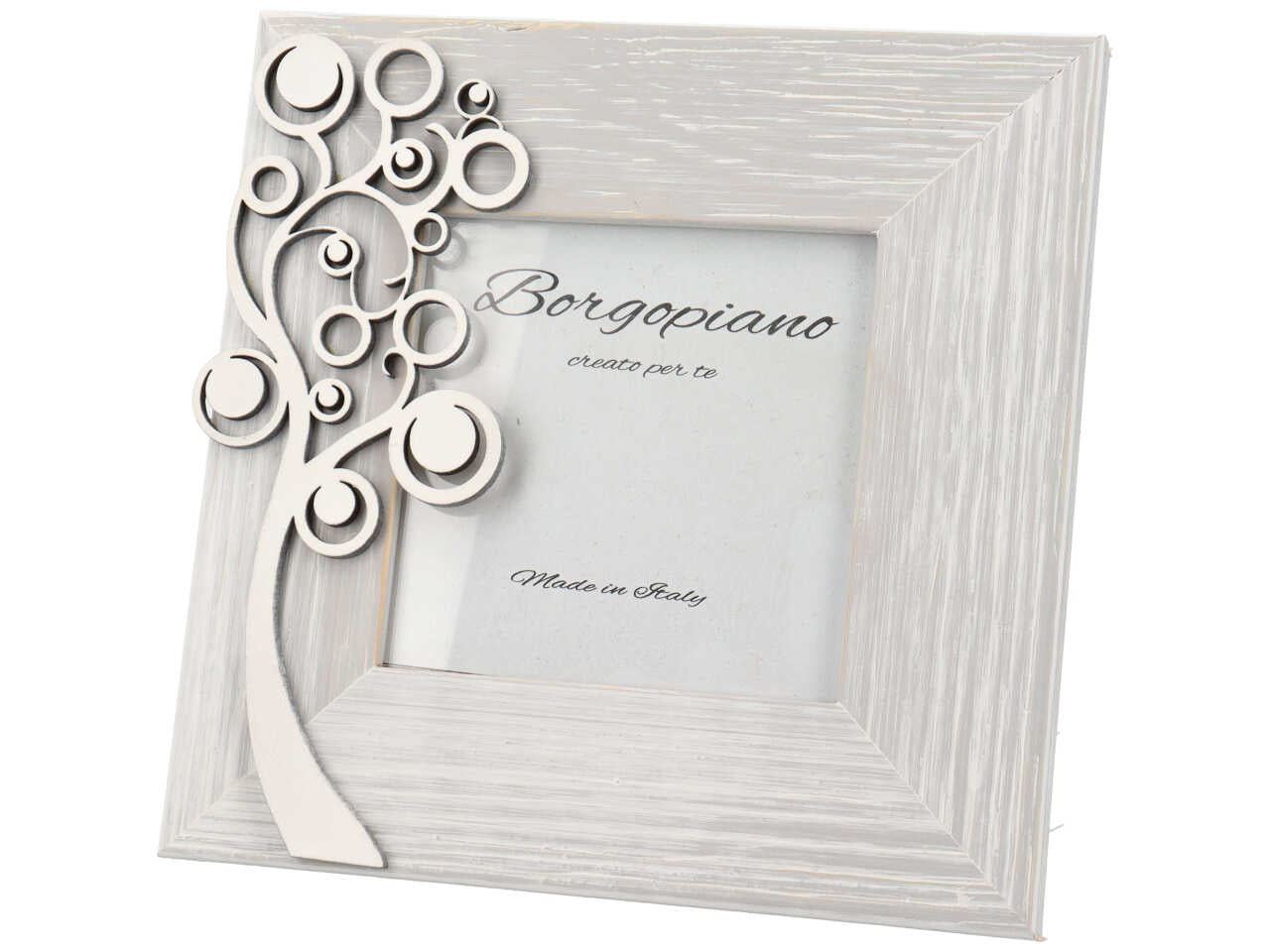 Cornice portafoto shabby chic in legno bianco effetto invecchiato, albero della vita in rilievo - foto 9x9cm - Borgopiano