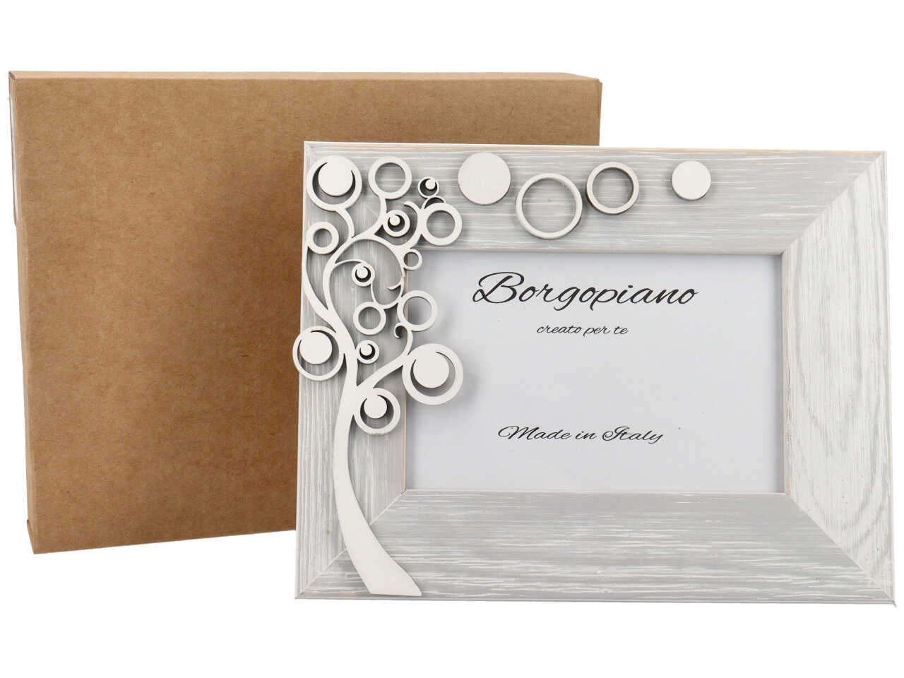 Cornice portafoto shabby chic in legno bianco effetto invecchiato, albero della vita in rilievo - foto 10x15cm - Borgopiano