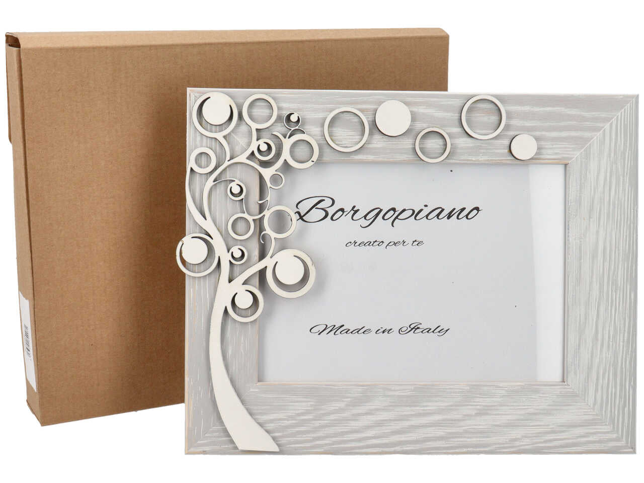 Cornice portafoto shabby chic in legno bianco effetto invecchiato, albero della vita in rilievo -  foto 13x18cm - Borgopiano